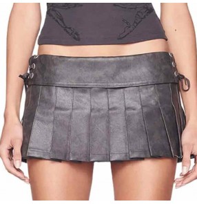 Women hot pole dance Trendy vintage low waist tie mini skirts pleated Miniskirt ultra short mini pu leather skirt for lady